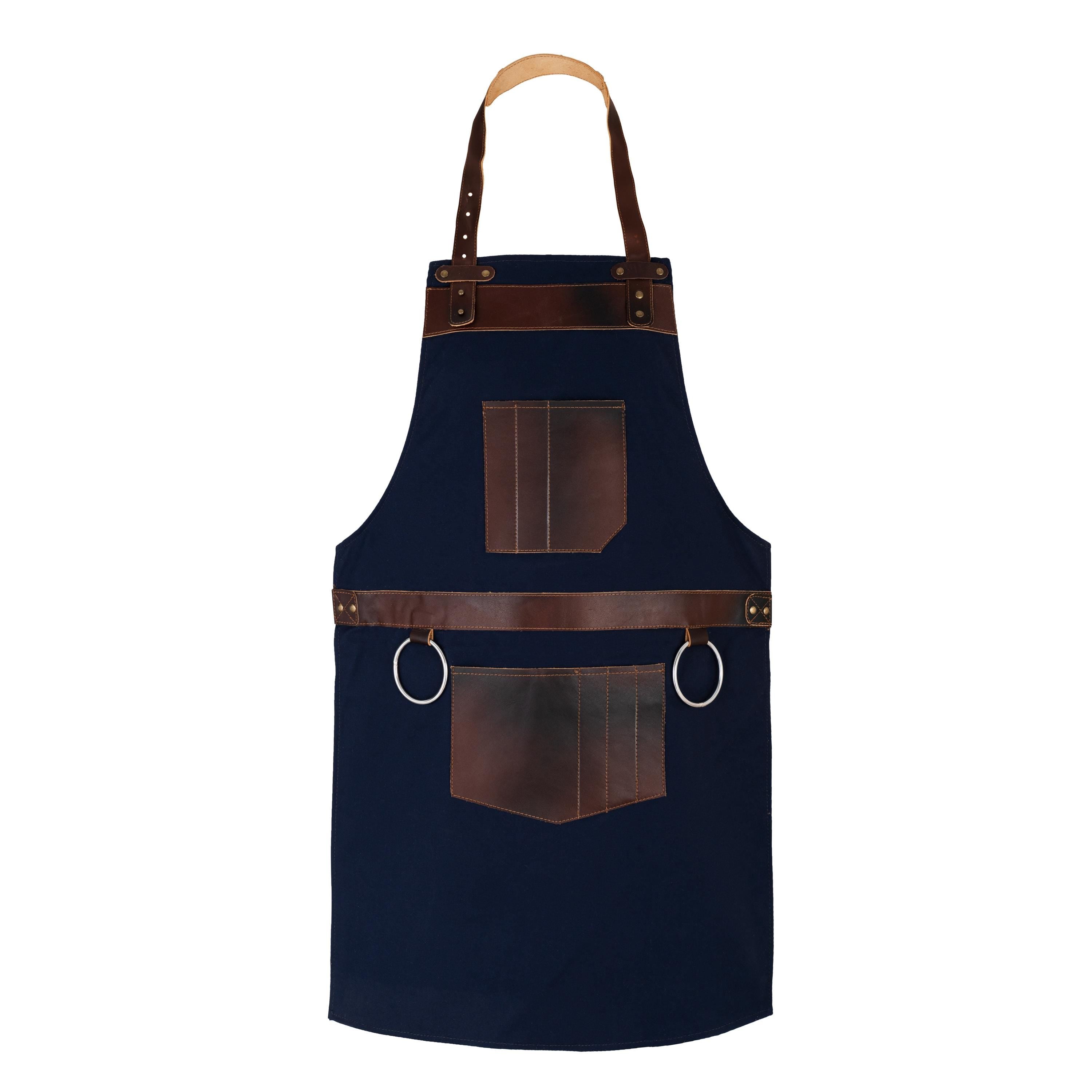 Blue Canvas Apron with Leather Pockets: Handcrafted Workwear