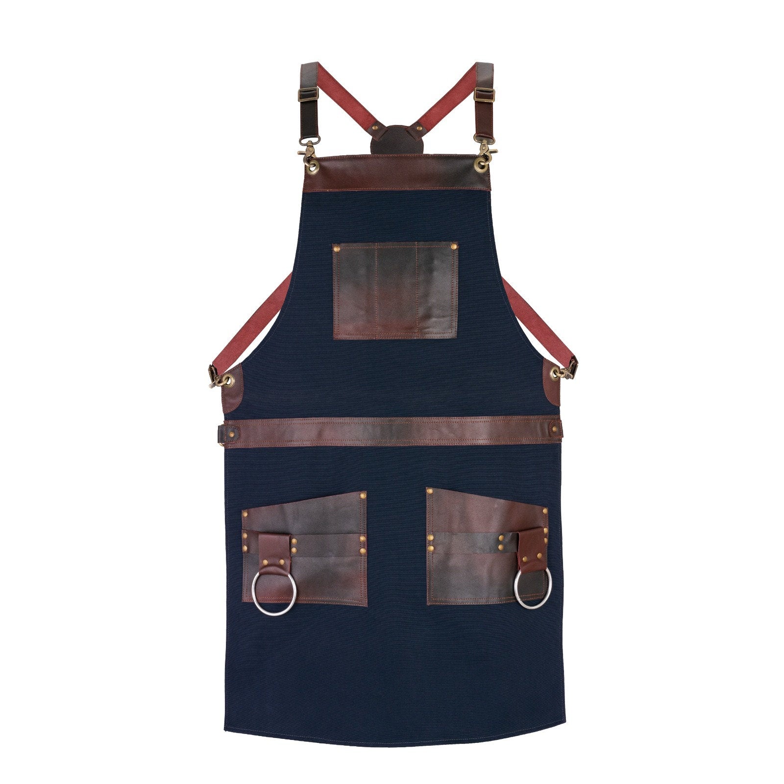 Blue Canvas Apron with Leather Pockets—2 Big Pockets, 3 Small Holders—Perfect for Butcher,Chef, BBQ, Barber, Woodwork, Blacksmith, and Gifts