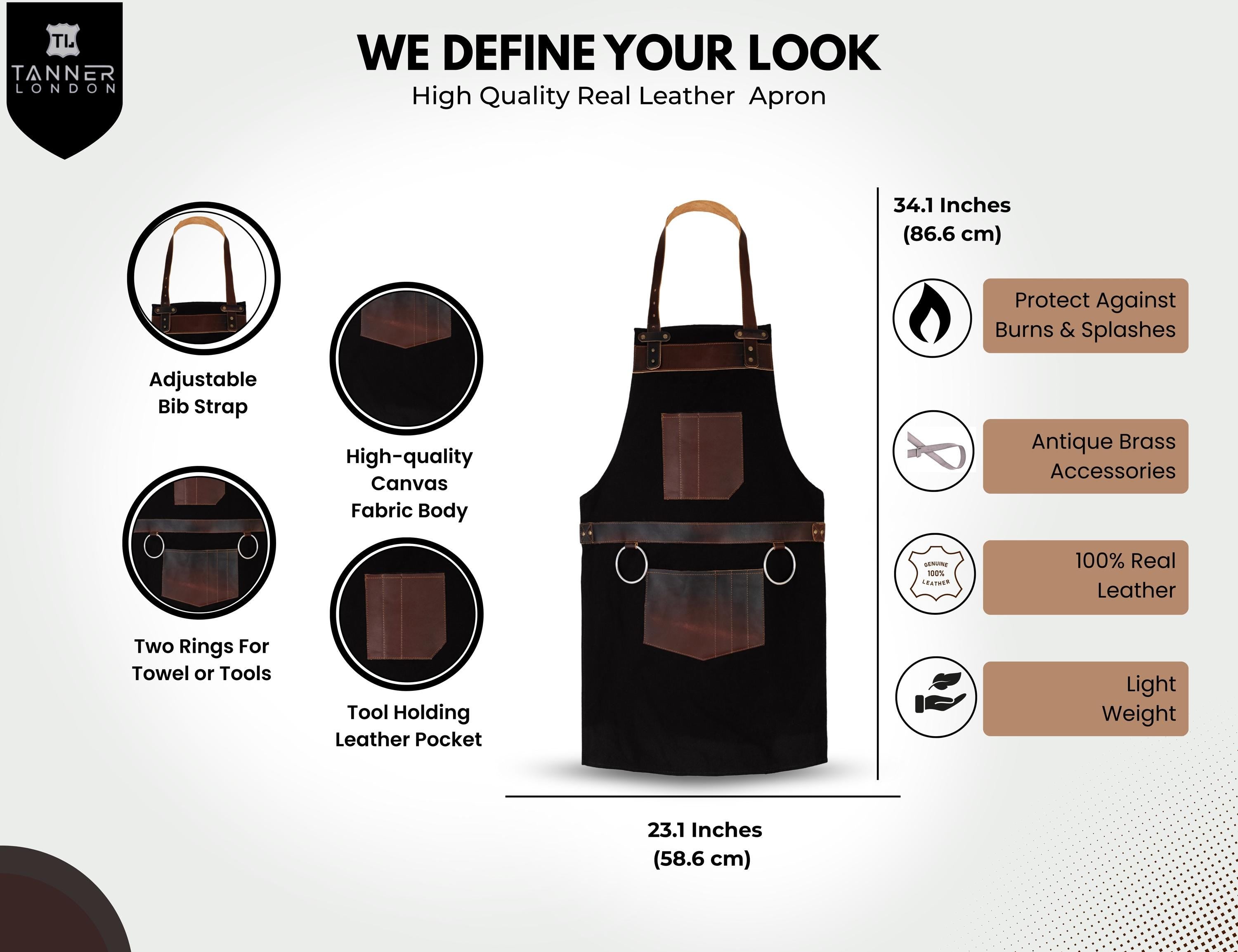 Black Canvas Apron with Leather Pockets: Chef, BBQ, Barber Workwear