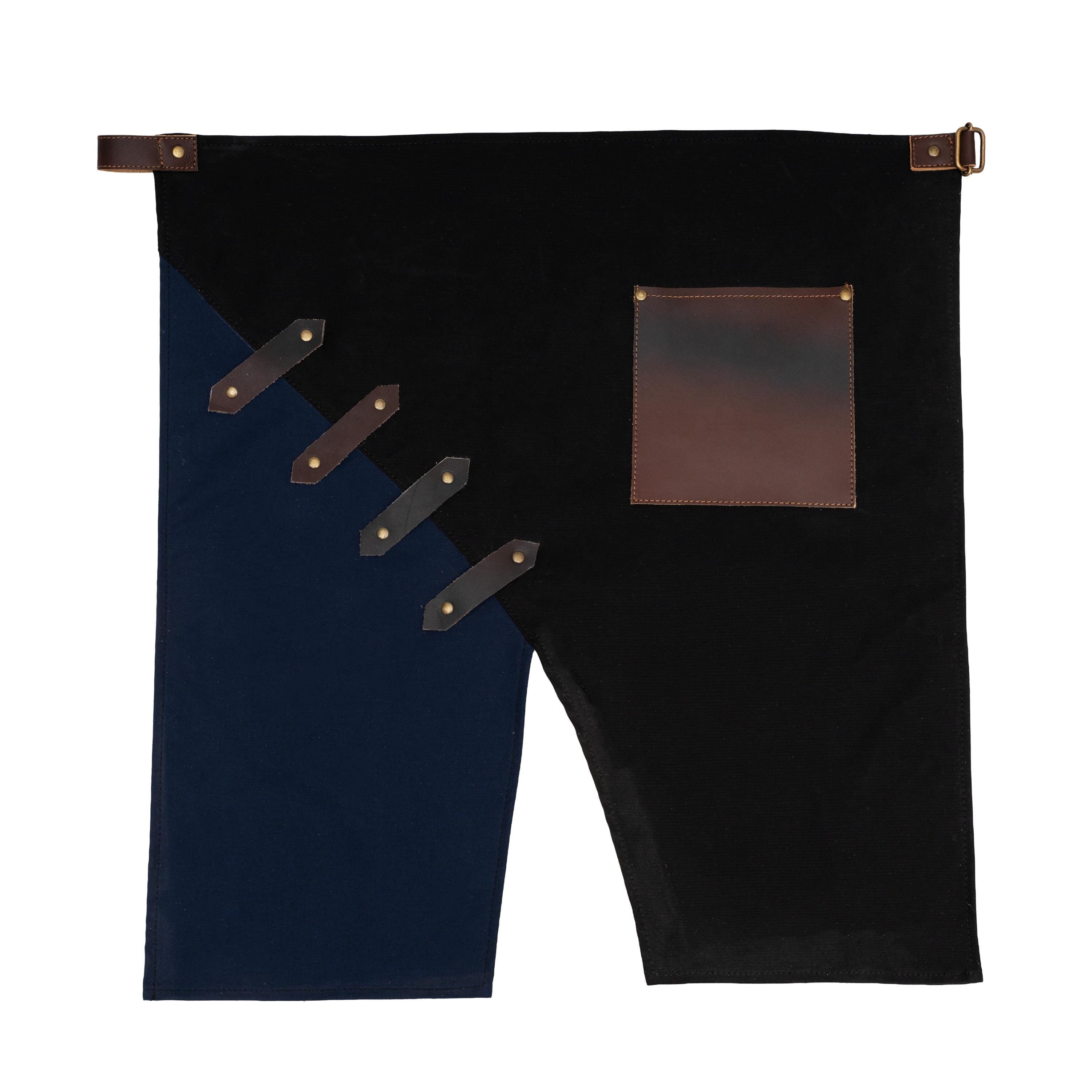Handmade Black & Blue Canvas Apron – Leather Tool Pocket, Adjustable