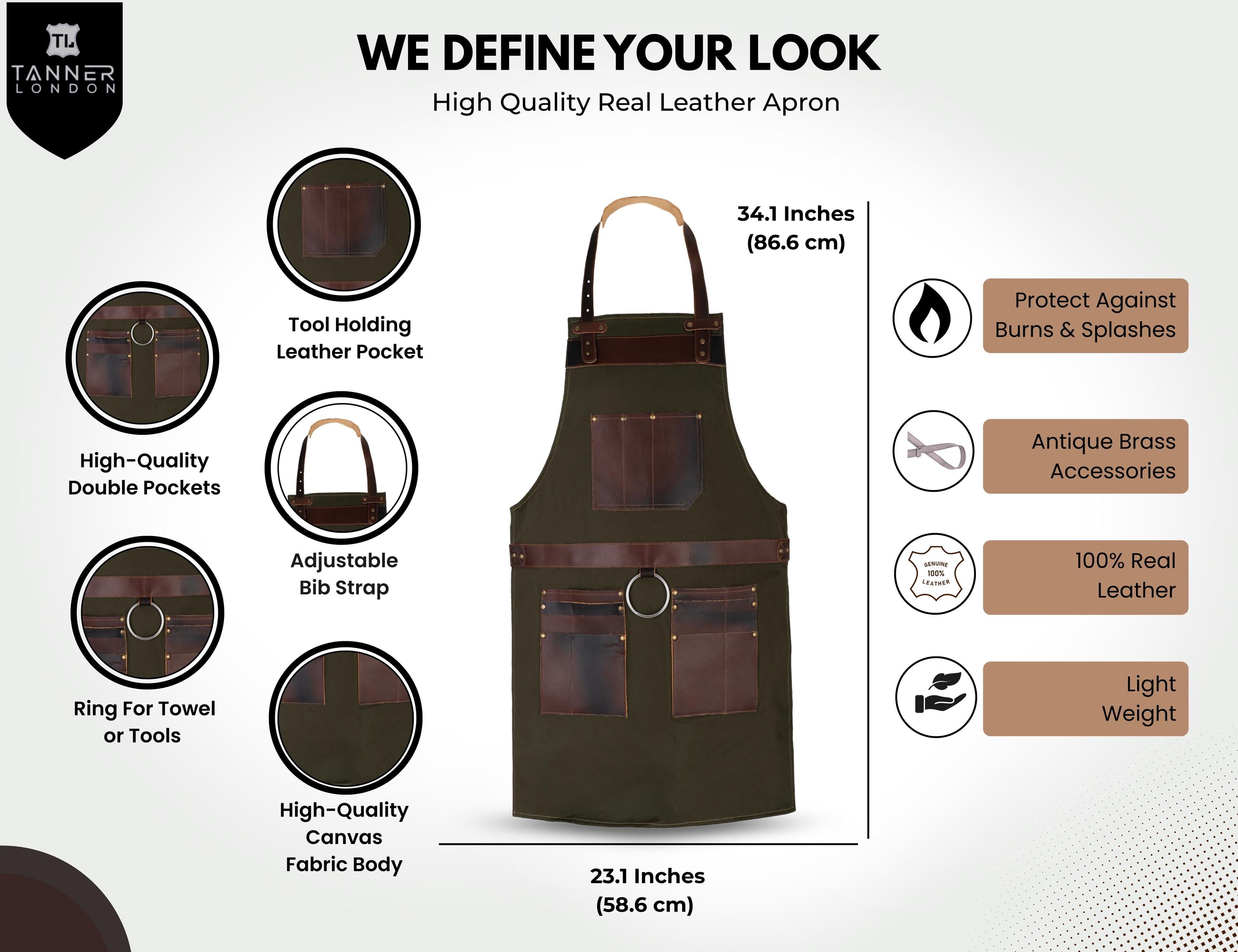 Green Canvas Work Apron: Leather Pockets, Adjustable Fit