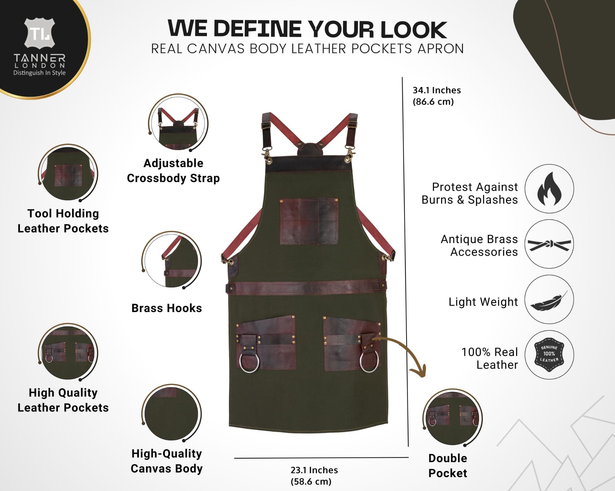 Green Canvas Apron with Leather Pockets – Handmade Work Apron