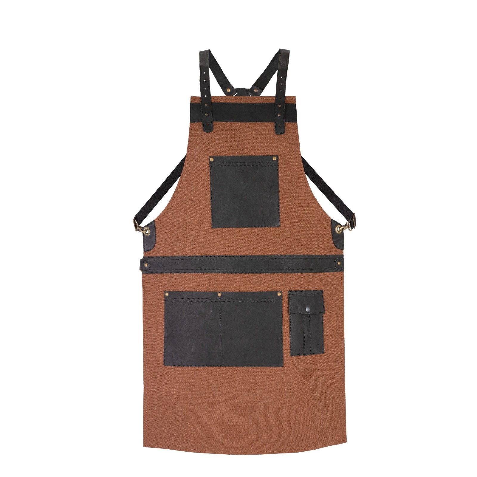Tan Canvas Apron with Leather Pockets: Adjustable Chef BBQ Apron