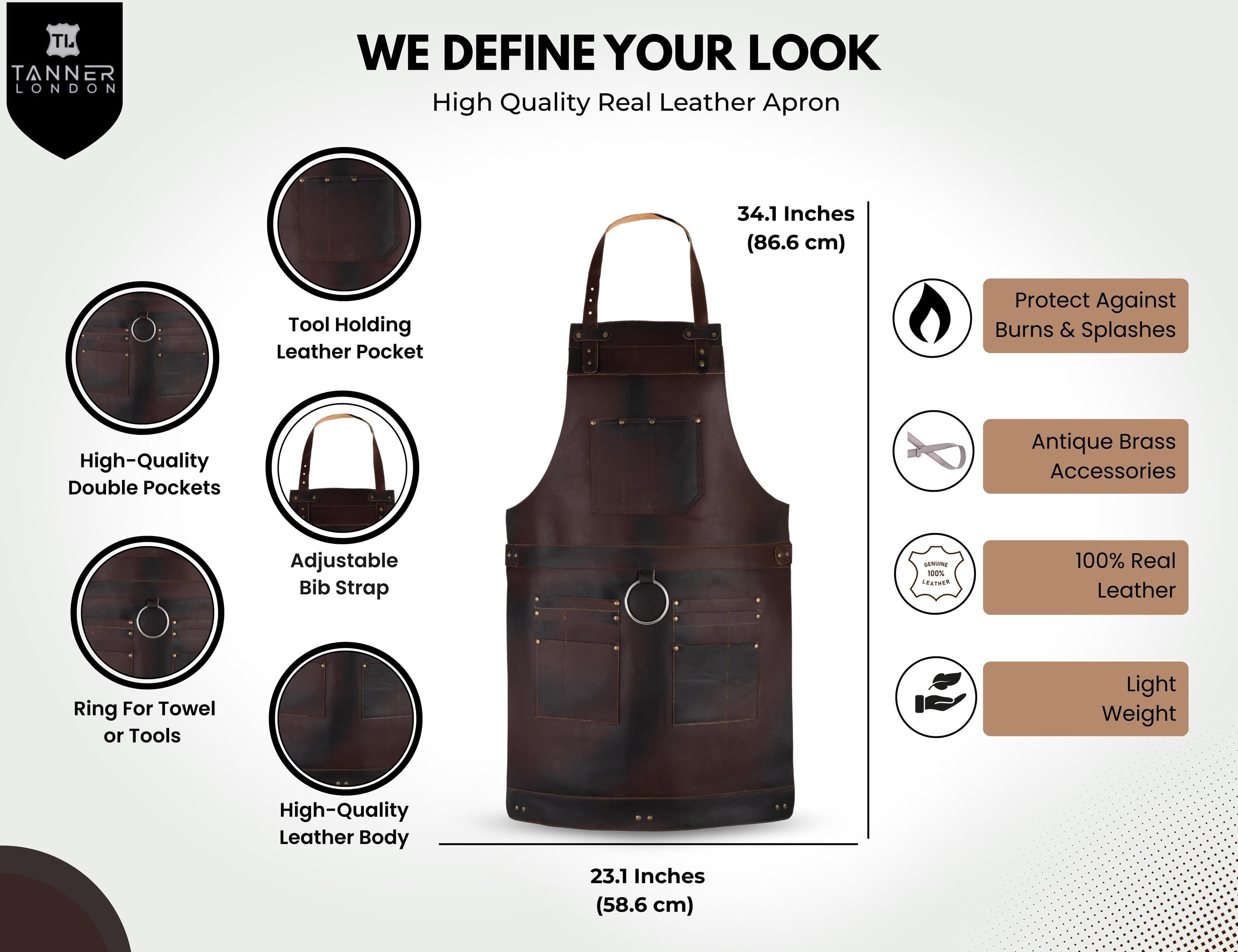 Brown Leather Work Apron: Full Grain Cowhide with Brass Details