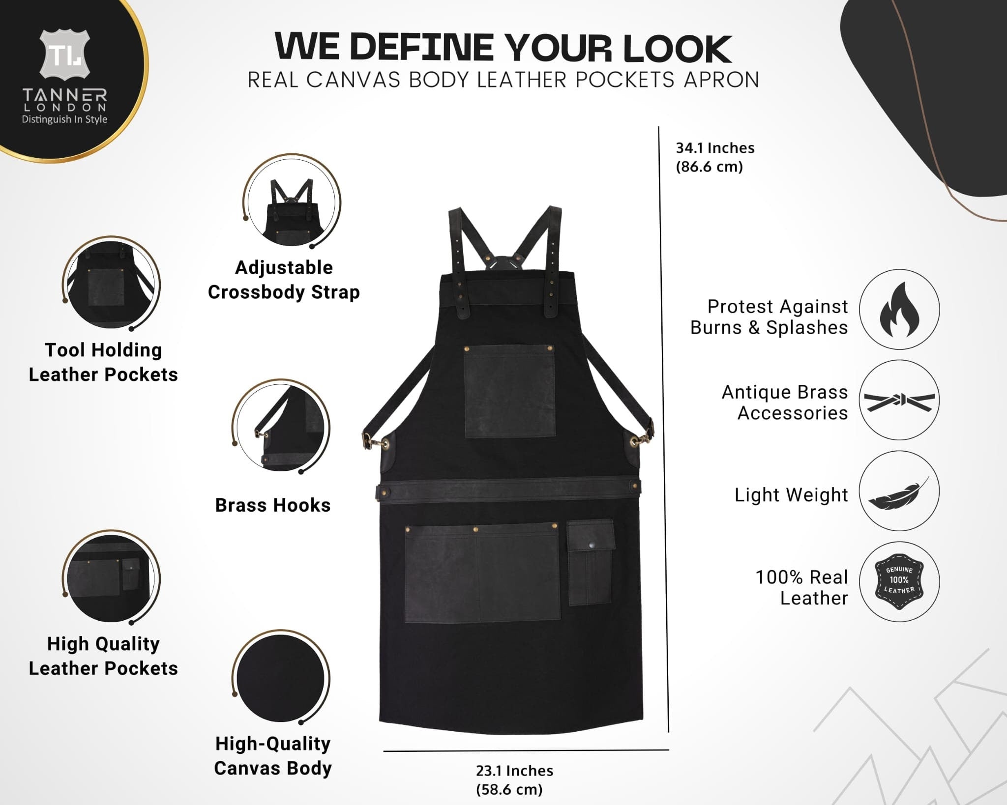 Handmade Black Canvas Apron: Leather Pockets, Adjustable Chef Apron