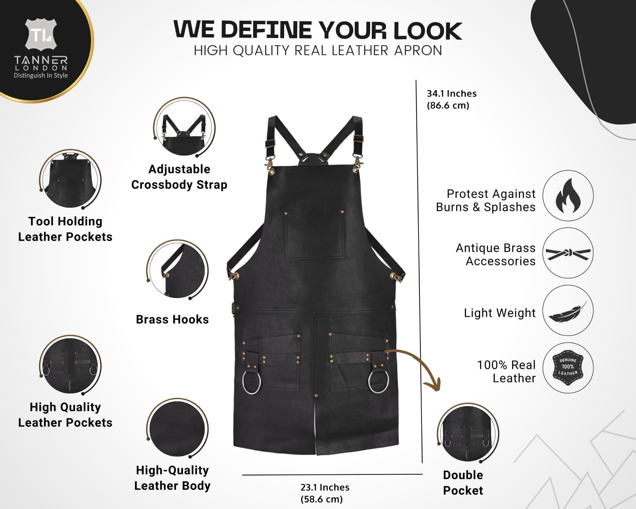 Split Leg Design Leather Apron Black, 2 Big Pockets, and Tool Holder—Butcher, Cook, BBQ, Barber, Woodwork, Blacksmith—Unisex Gift...