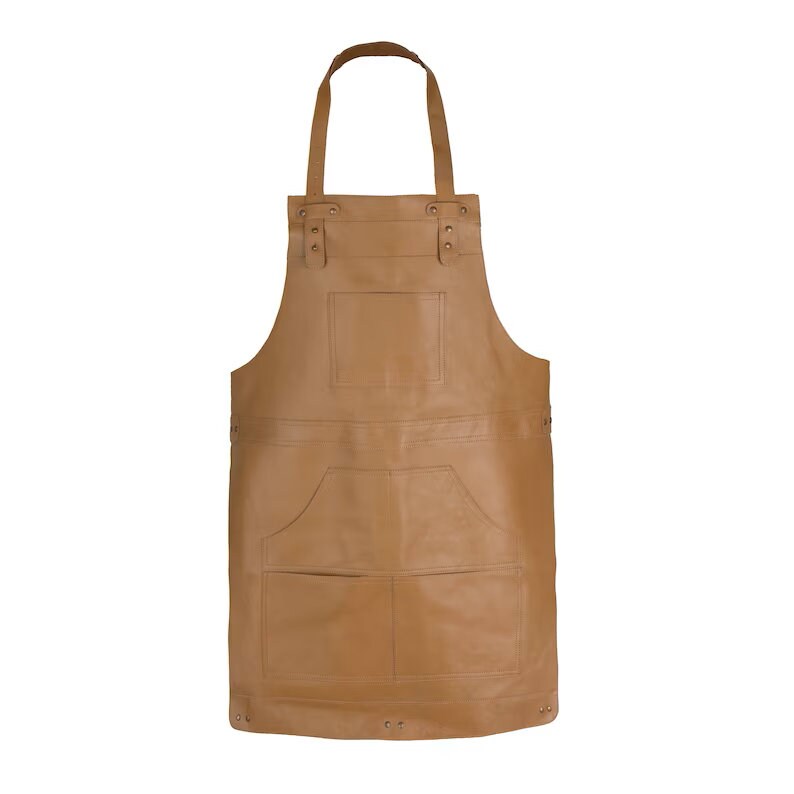 Handmade Tan Brown Leather Apron: Full Grain Cowhide with Pockets