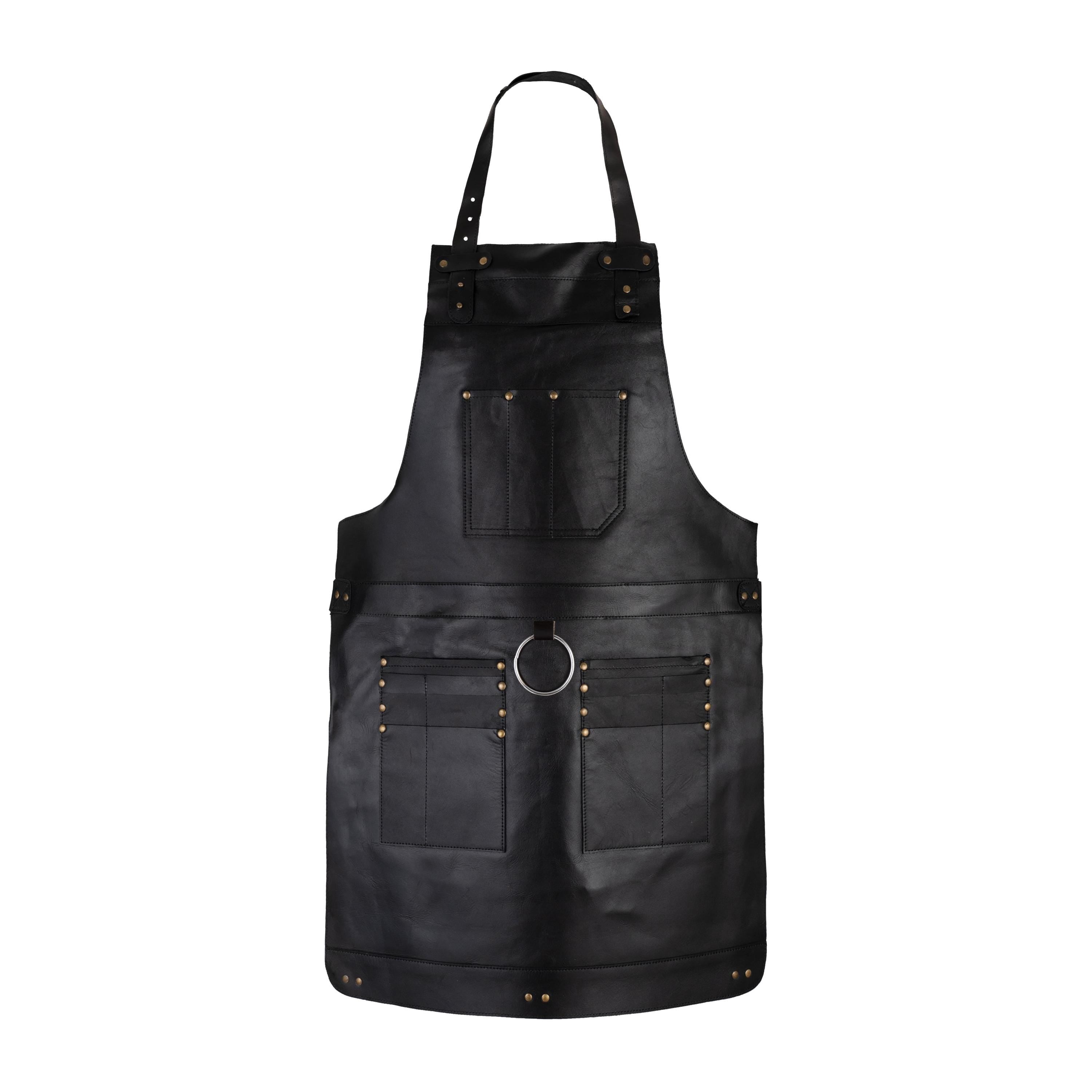 Black Leather Work Apron: Adjustable Full Grain Cowhide with Pockets