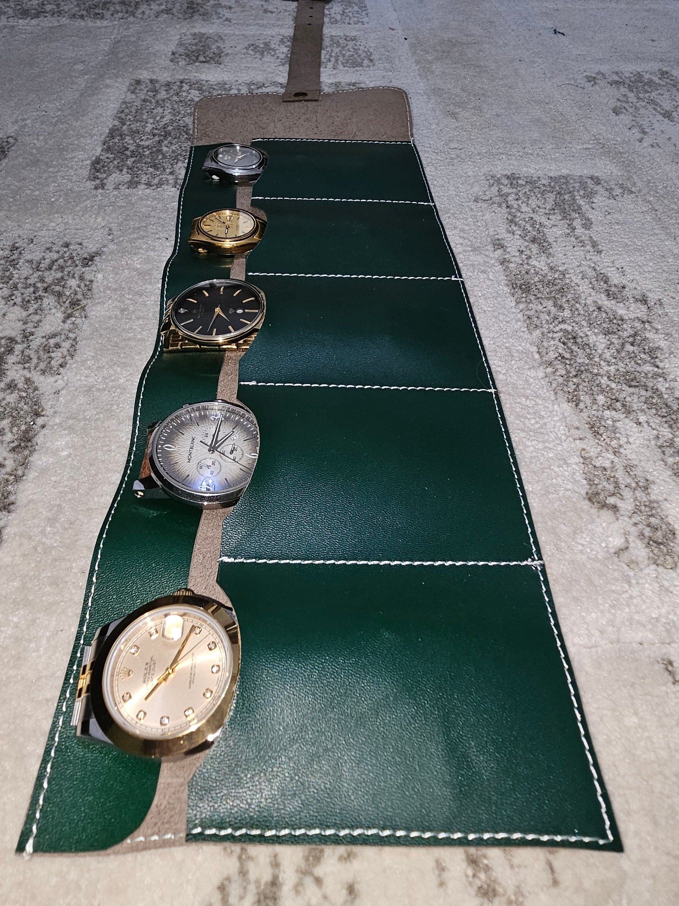 Handmade Full Grain Leather Watch Roll: Green Travel Case & Organizer