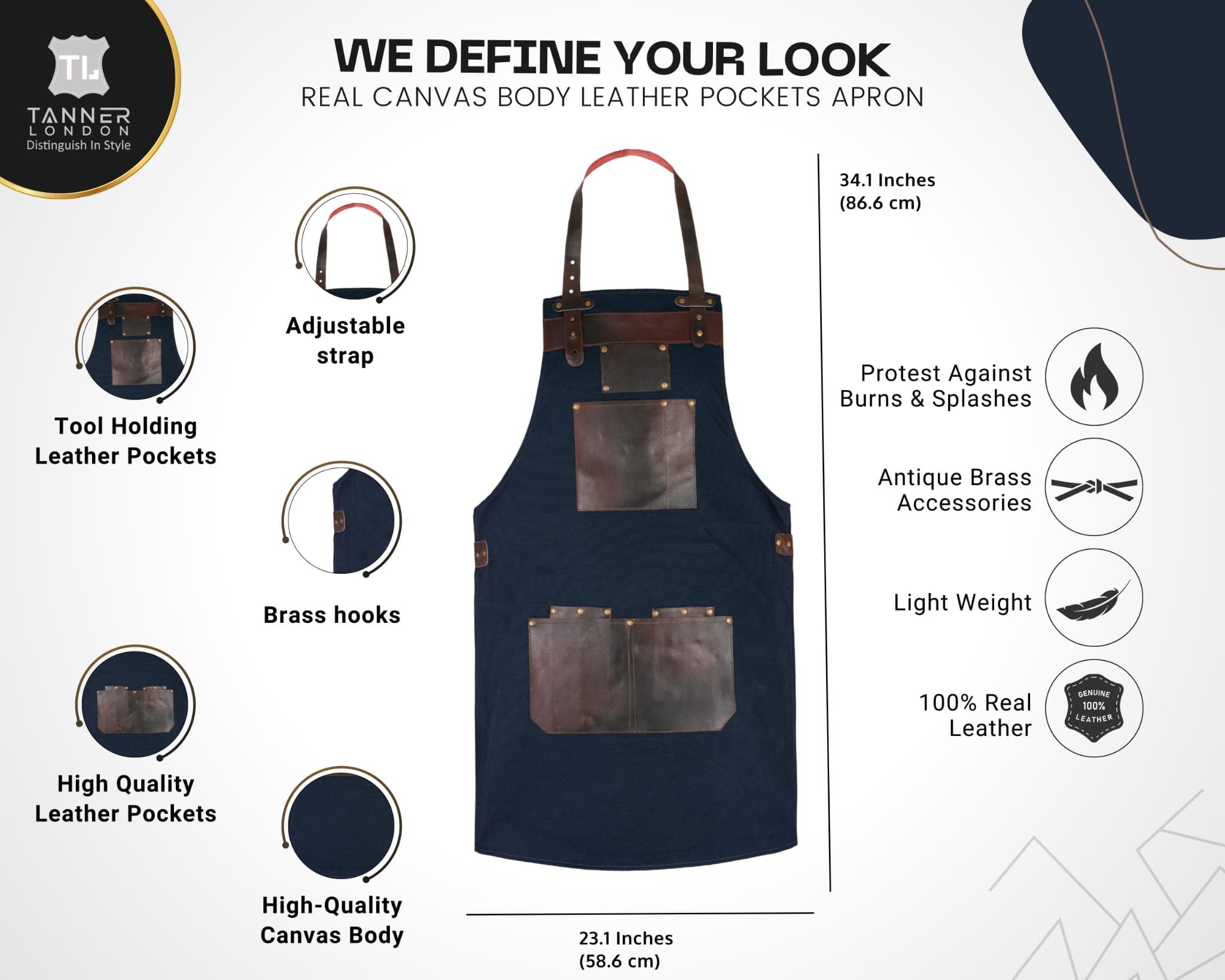 Blue Canvas Apron: Leather Pockets, Adjustable Chef Apron