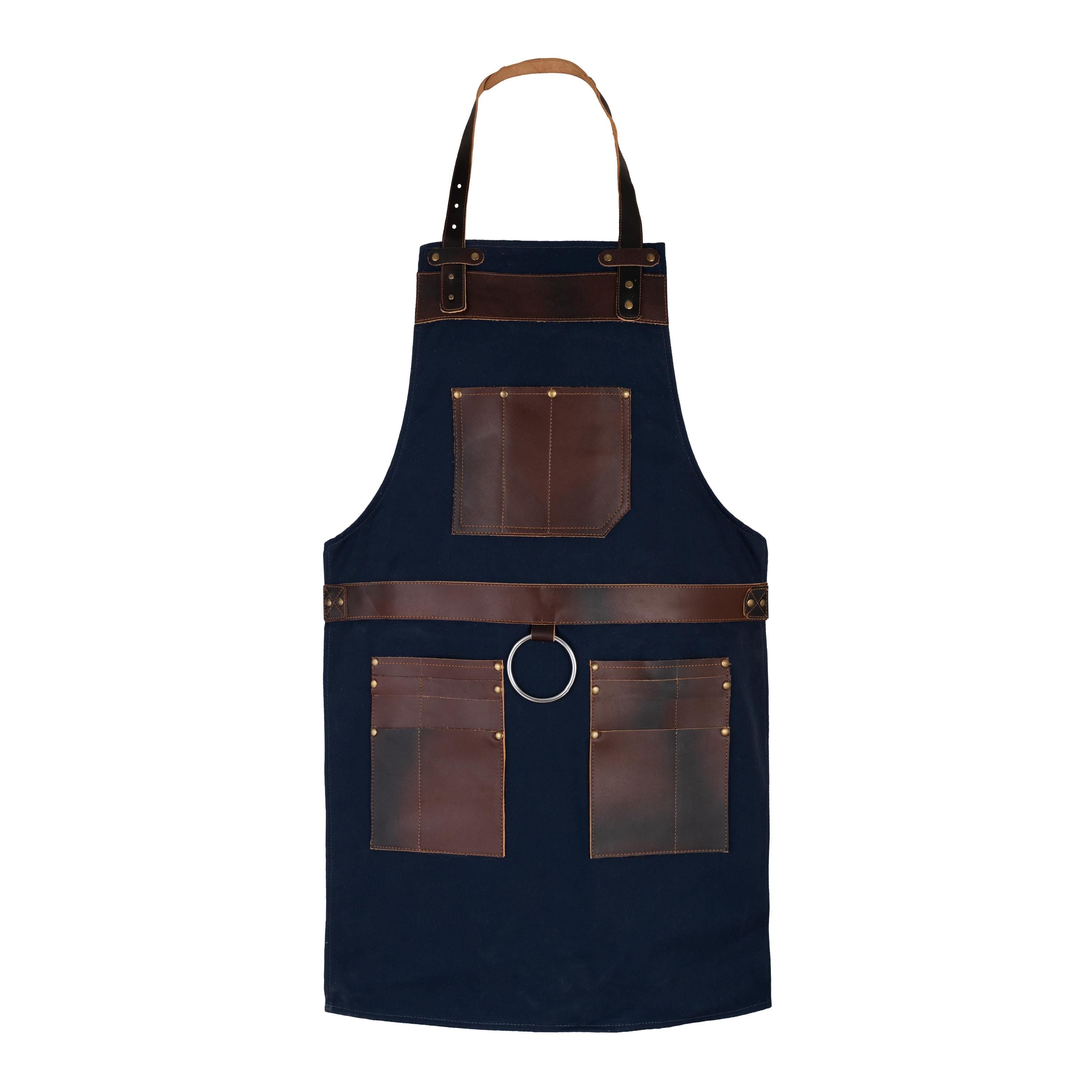 Blue Canvas Apron with Leather Pockets: Handcrafted Workwear