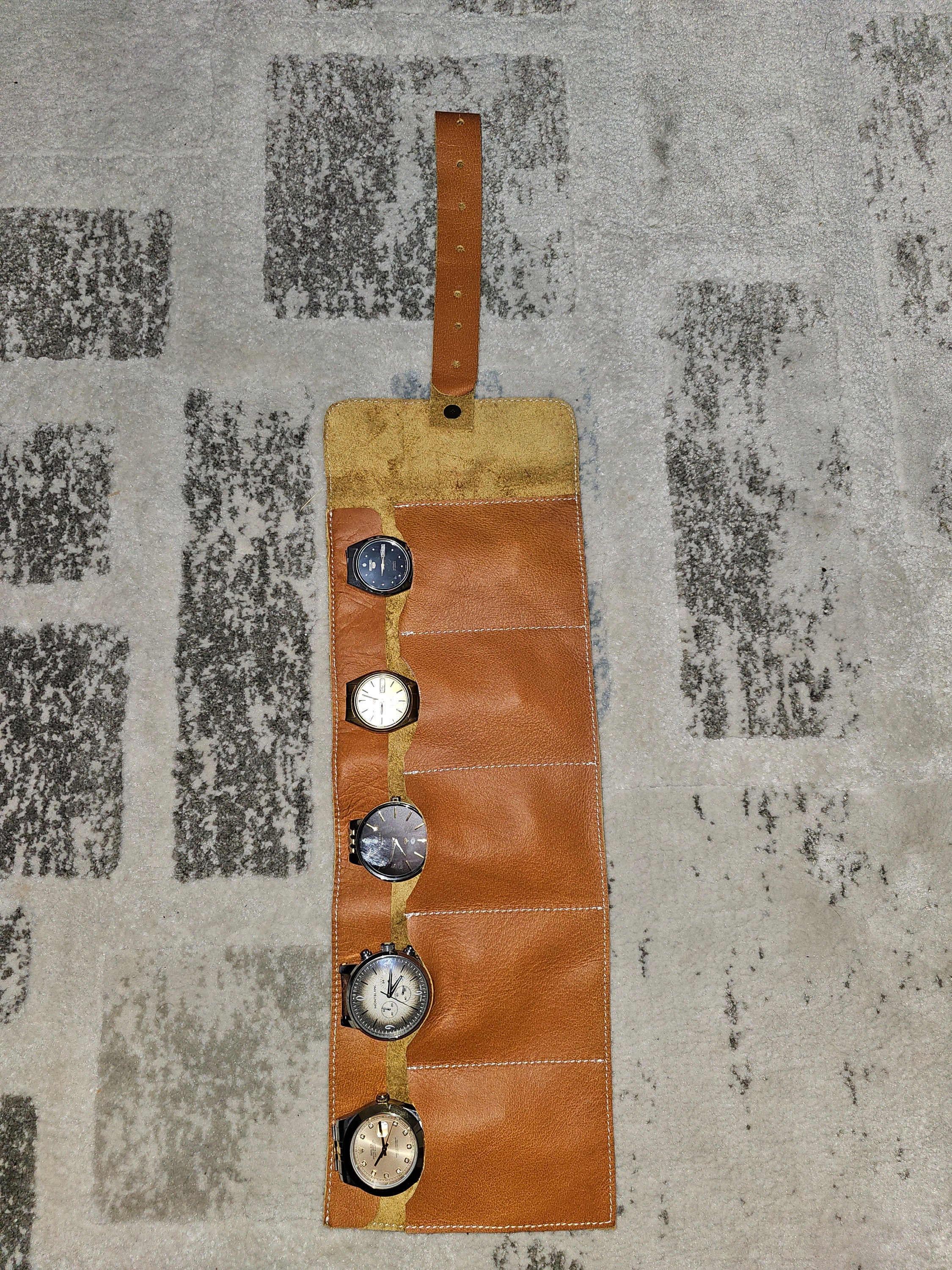 Handmade Full Grain Leather Watch Roll: Tan Travel Case & Pouch