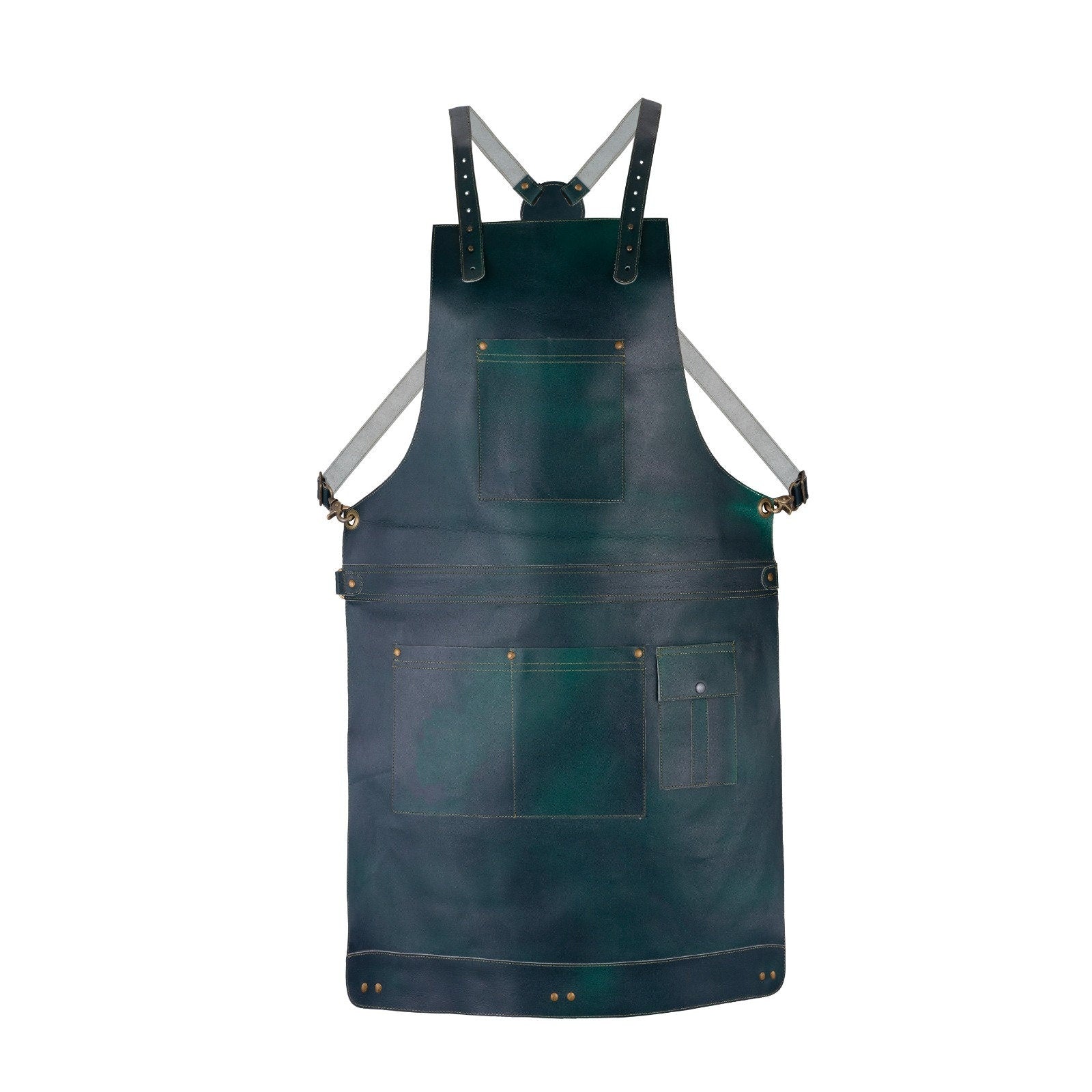Green Full Grain Leather Apron: Handmade Butcher, Cook, BBQ Bib