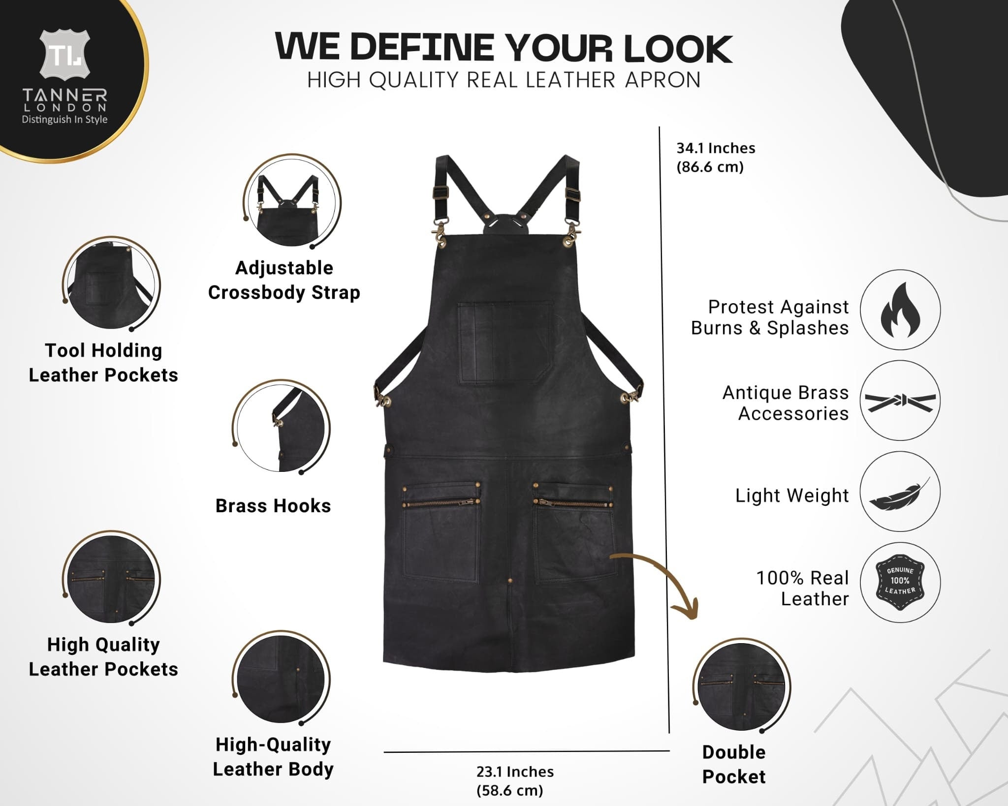 Handmade Black Leather Apron – Full Grain, Split Leg Design