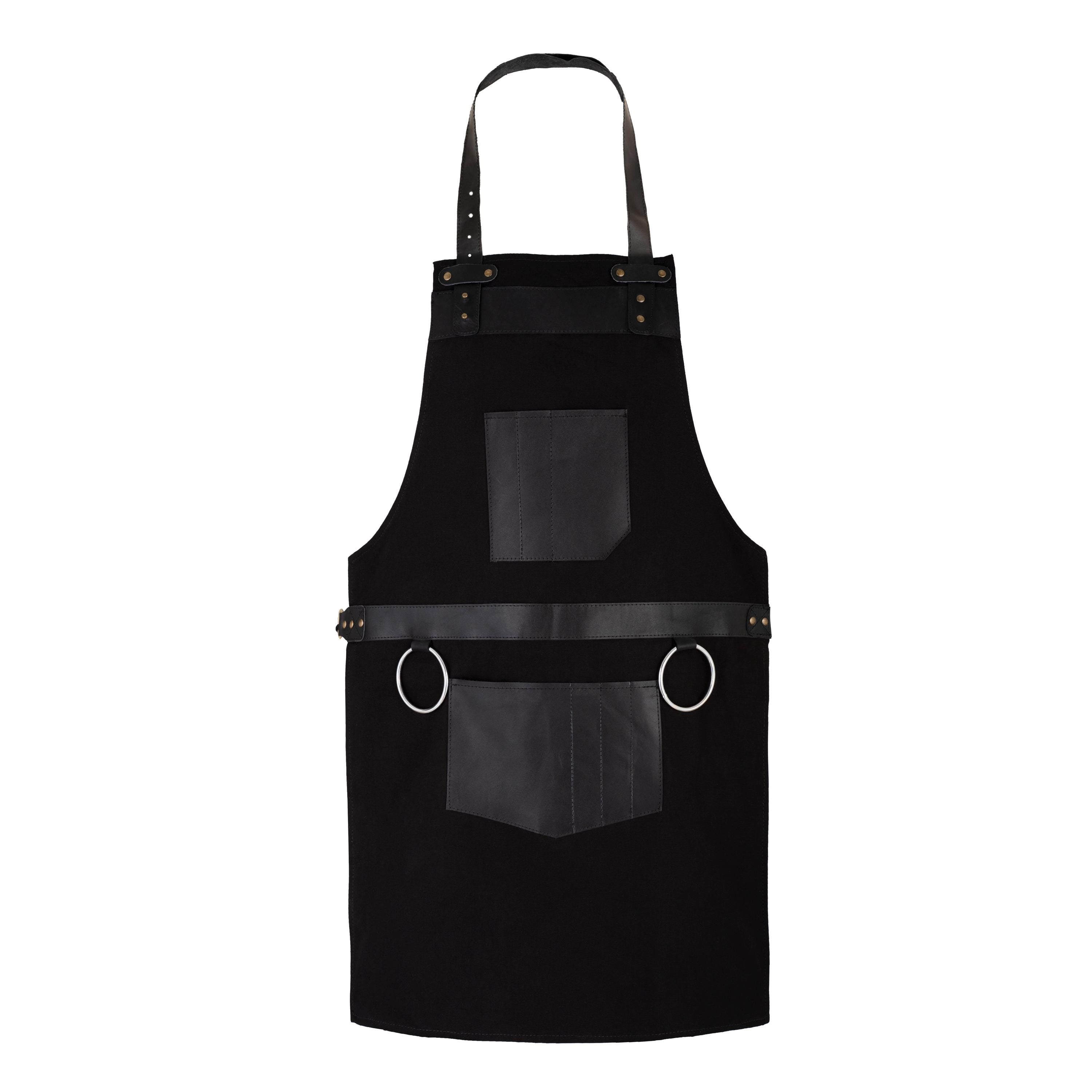Black Canvas Work Apron with Leather Pockets - Butcher, BBQ, Barber