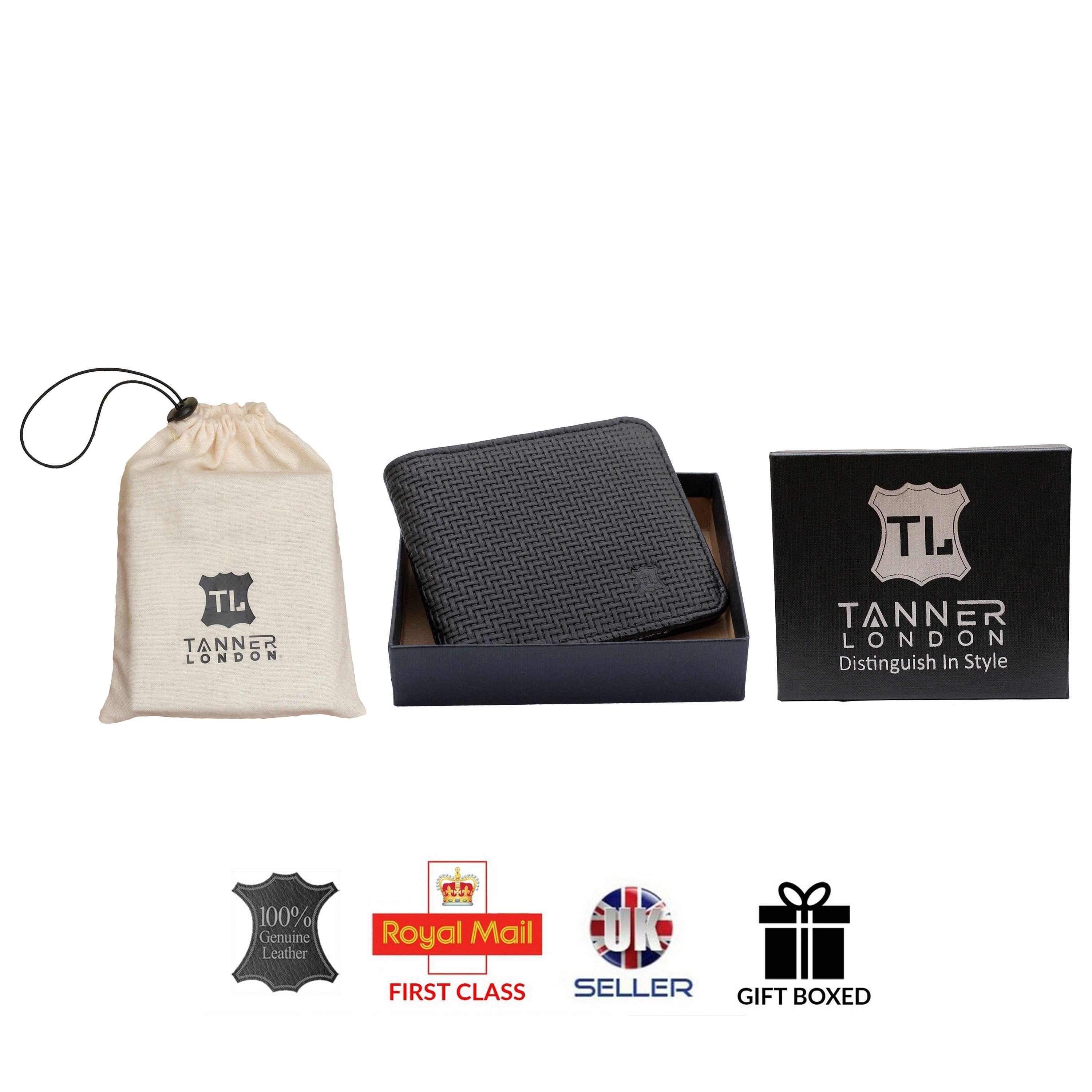 Mens Real Leather Carbon Bi-Fold Wallet RFID Gift Box Black Tanner London handmade pouch