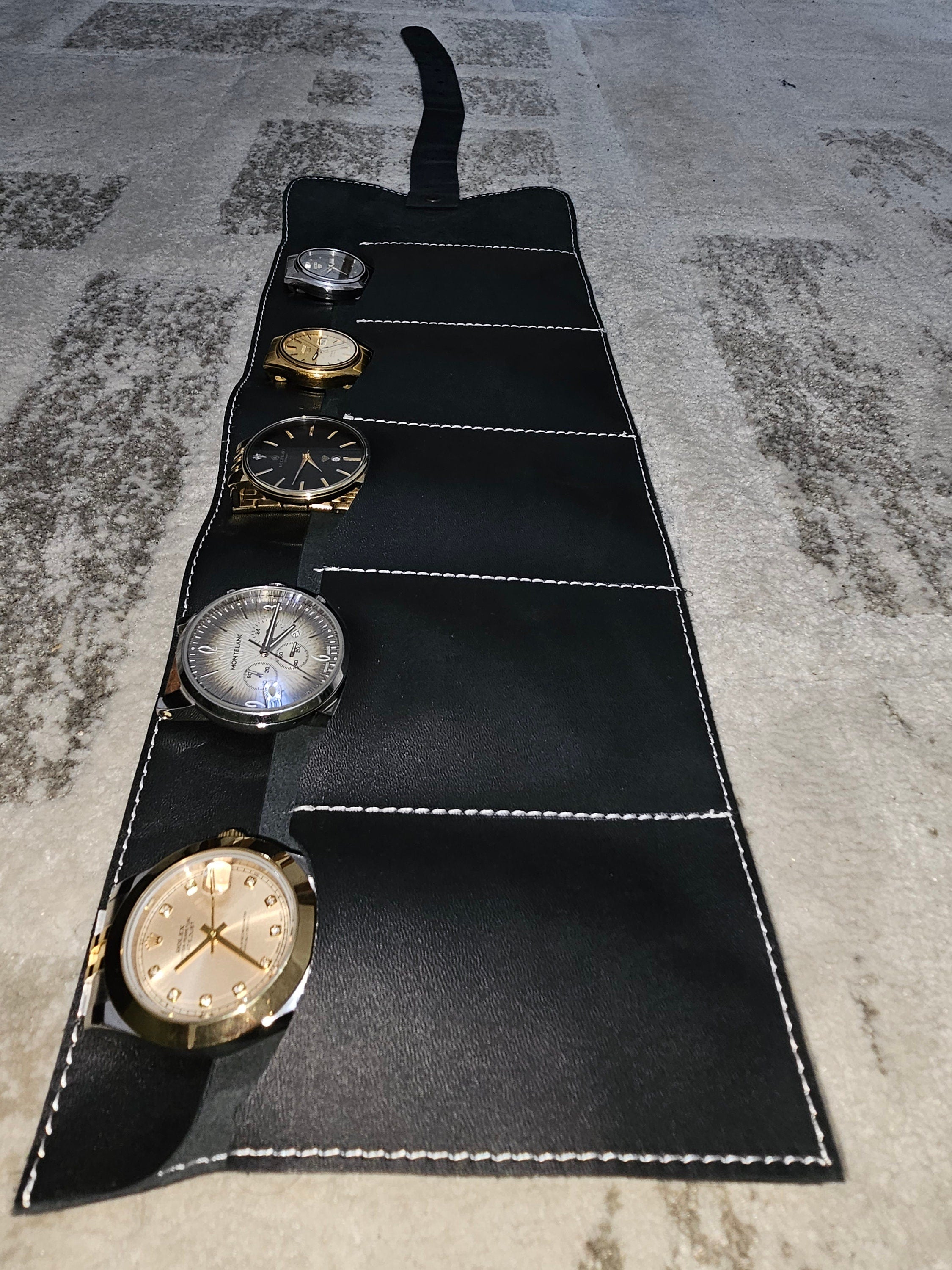 Handmade Black Leather 5-Slot Watch Roll, Travel Storage