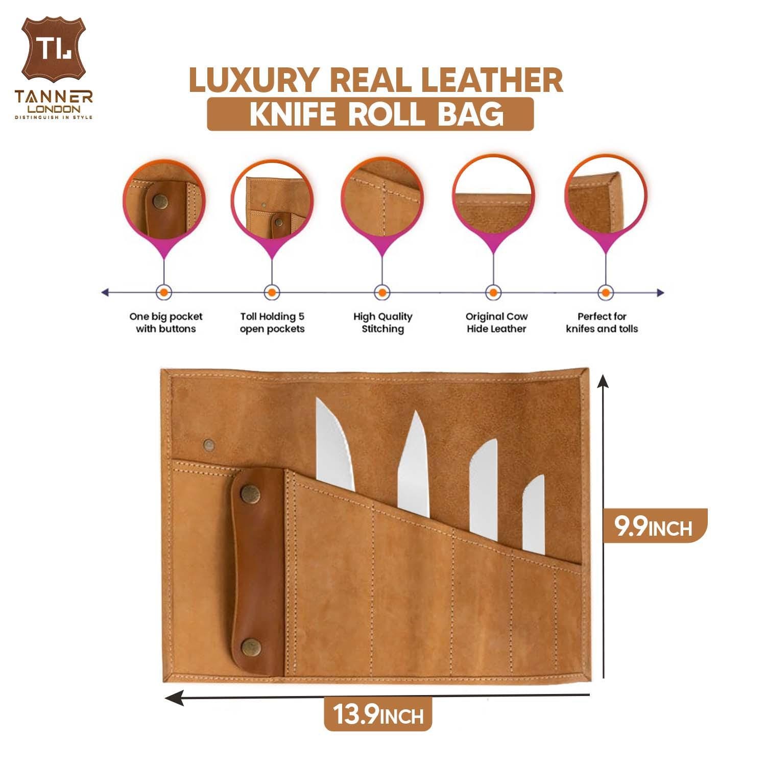 Handmade Full Grain Leather Chef Knife Roll: Tanner London