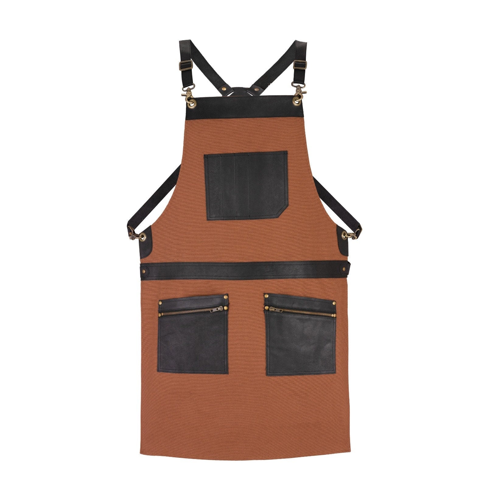 Tan Canvas Apron with Leather Pockets, Chef BBQ Work Apron