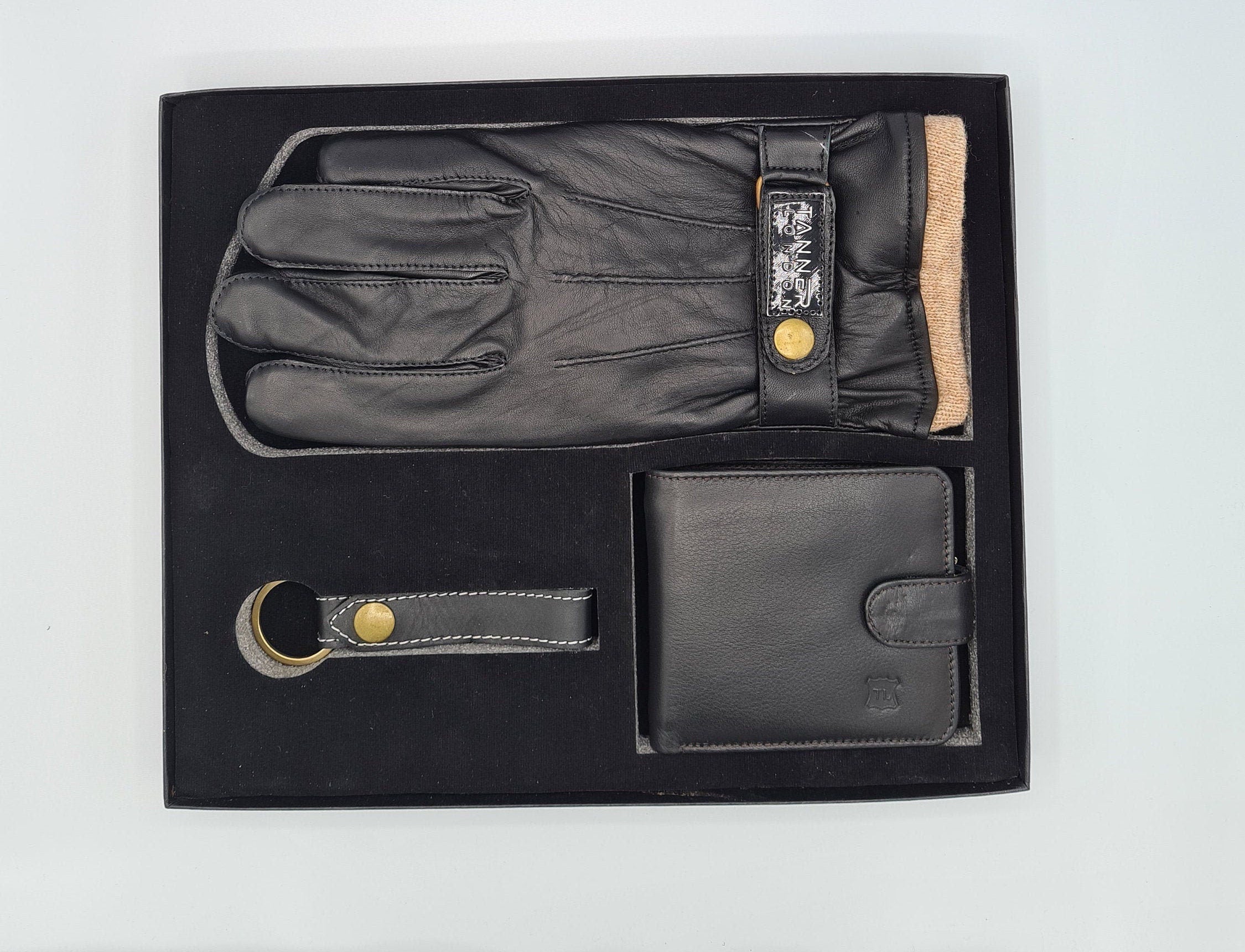 Mens Leather Gift Box: Handmade Wallet, Gloves & Keyring - RFID Secured