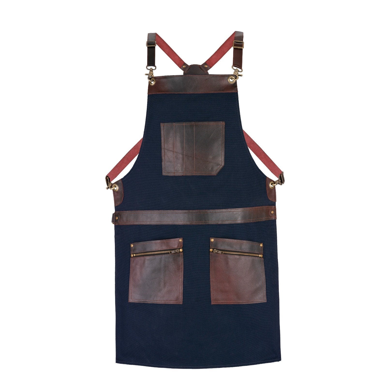 Blue Canvas Apron, Leather Pockets, Adjustable Work Apron