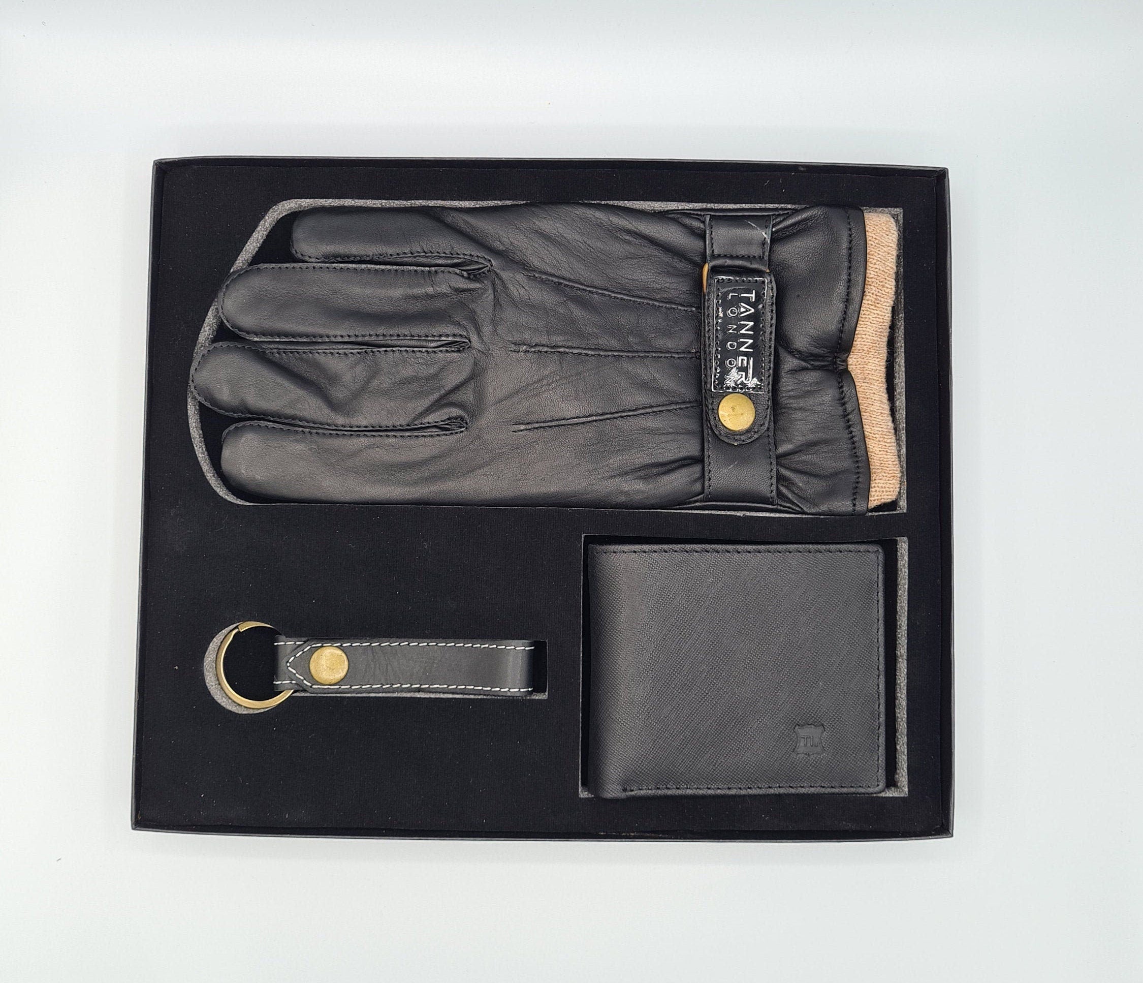 Mens Leather Gift Box: Handmade Wallet, Gloves & Keyring - RFID Secured