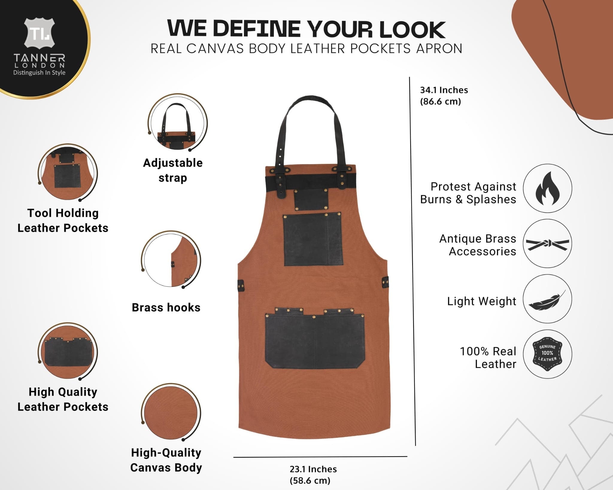 Tan Canvas Apron with Leather Pockets: Adjustable Chef Apron