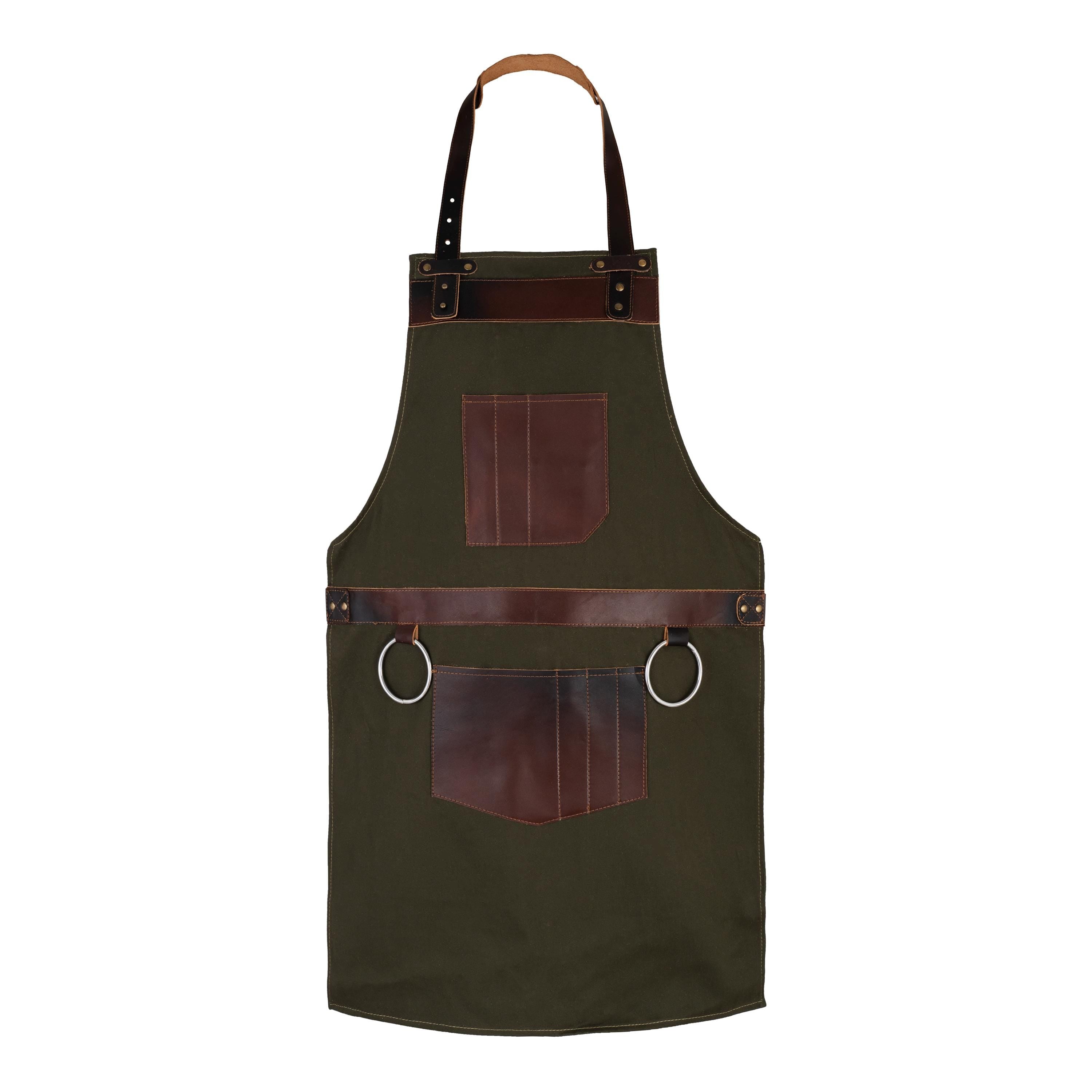 Green Canvas Work Apron: Leather Pockets, Adjustable Fit