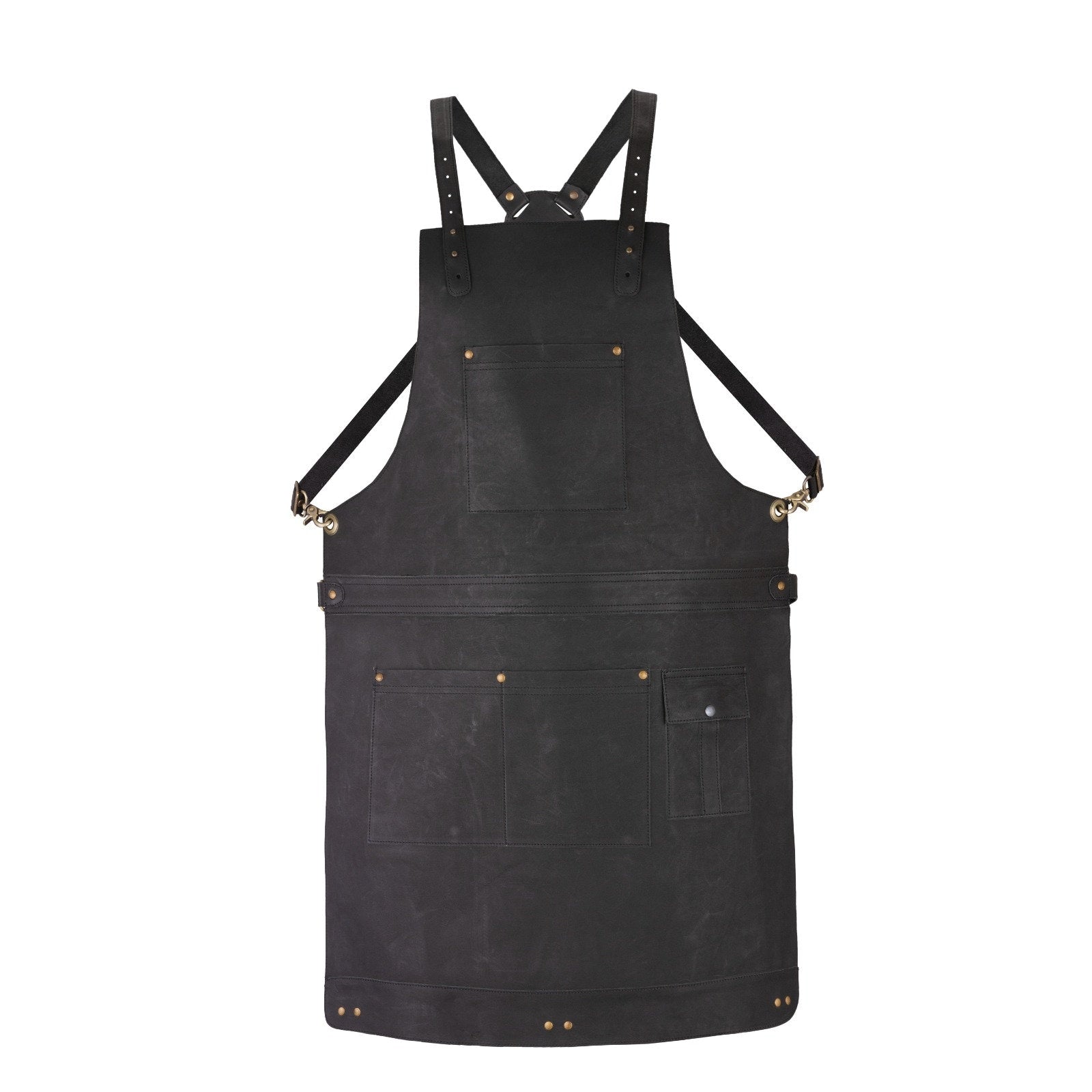 Handmade Full Grain Leather Apron, Black Cowhide, Crossbody Bib Design