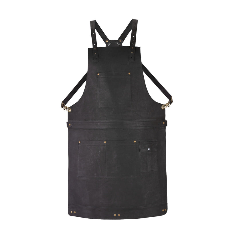 Handmade Full Grain Leather Apron, Black Cowhide, Crossbody Bib Design