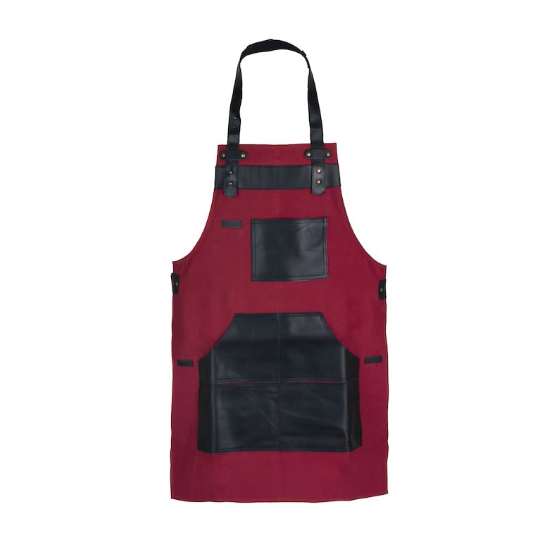 Handmade Maroon Canvas Apron: Leather Accents, Unisex Chef Apron