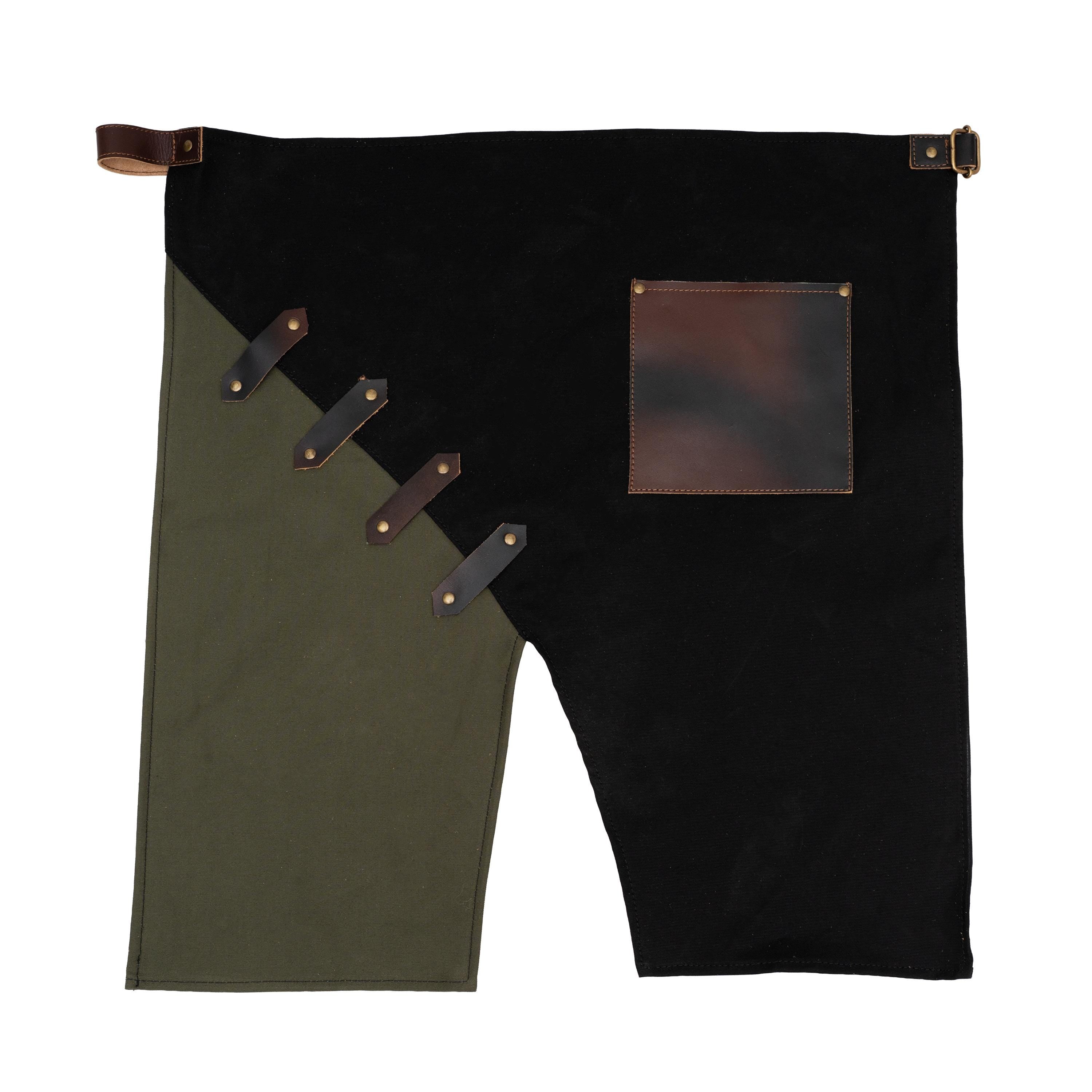 Handmade Canvas Apron with Leather Pocket – Green & Black Workwear