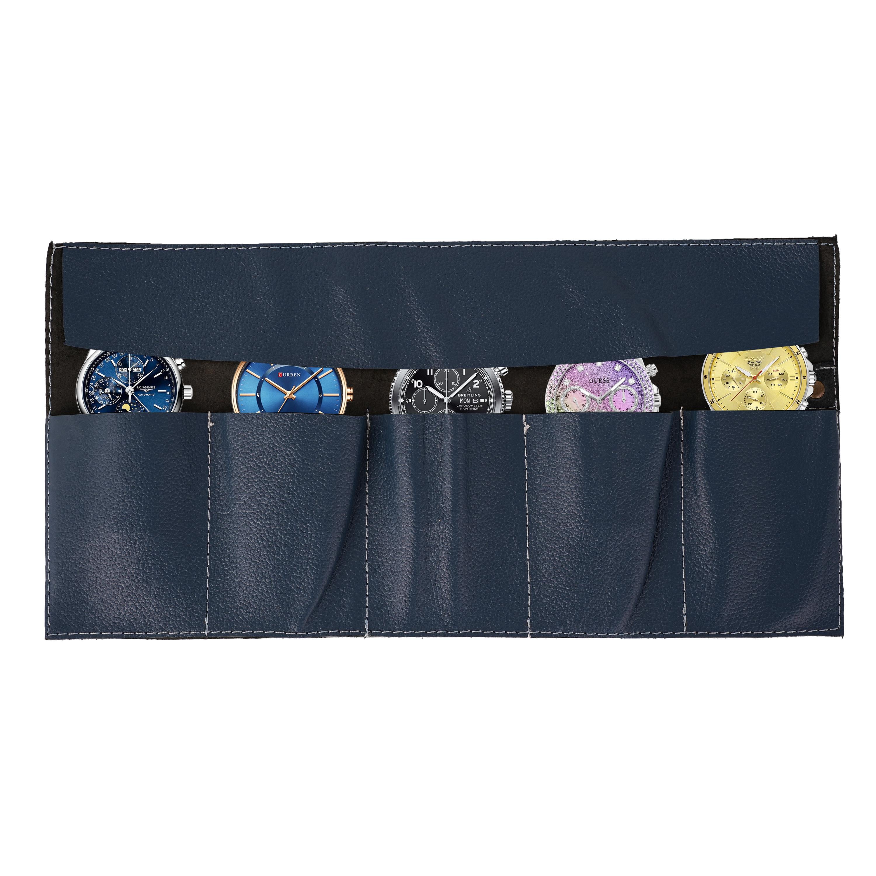 Handmade Blue Leather Watch Roll: Travel Organizer Gift with Pouch