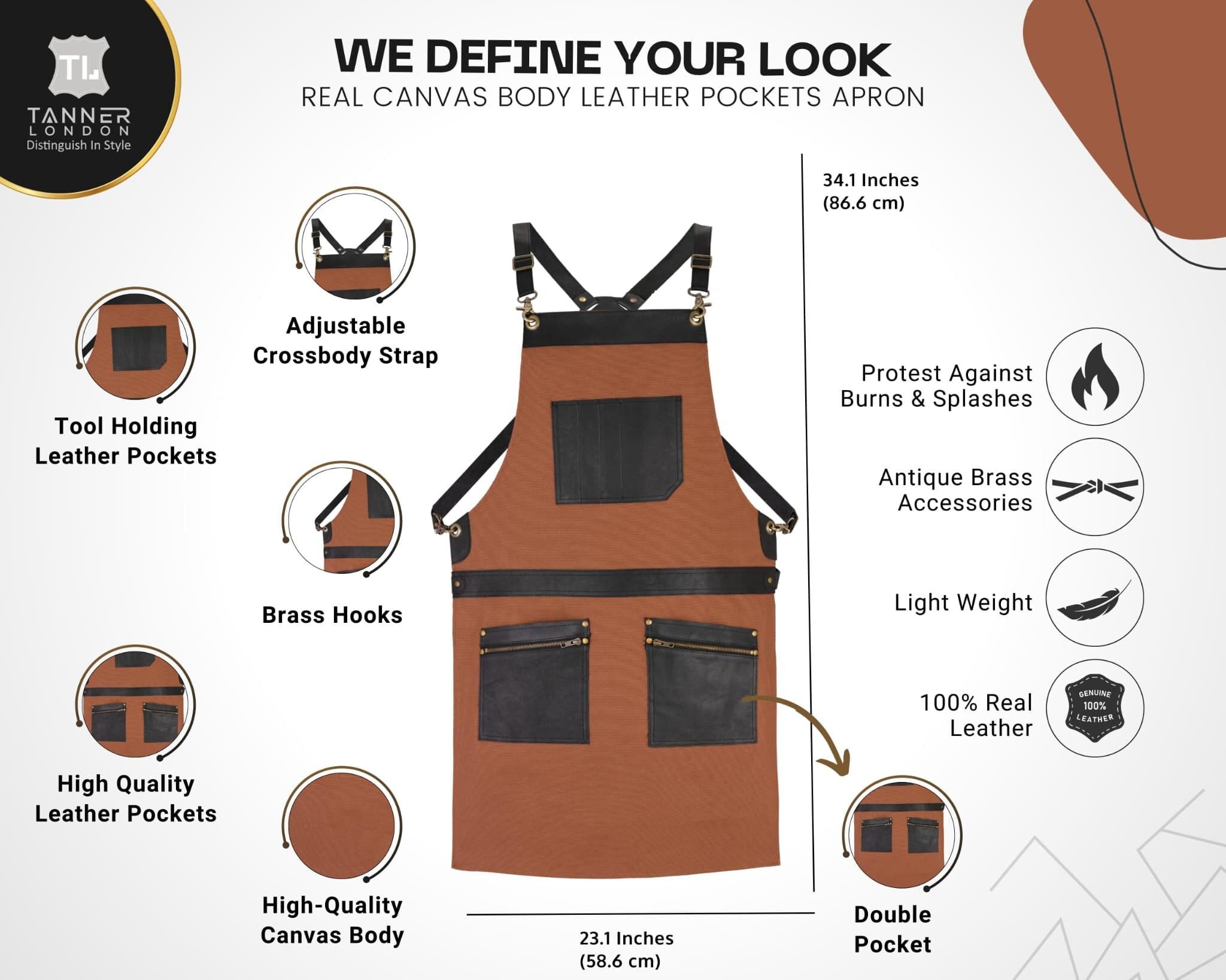 Canvas Apron with Leather Pockets: Adjustable Chef Apron