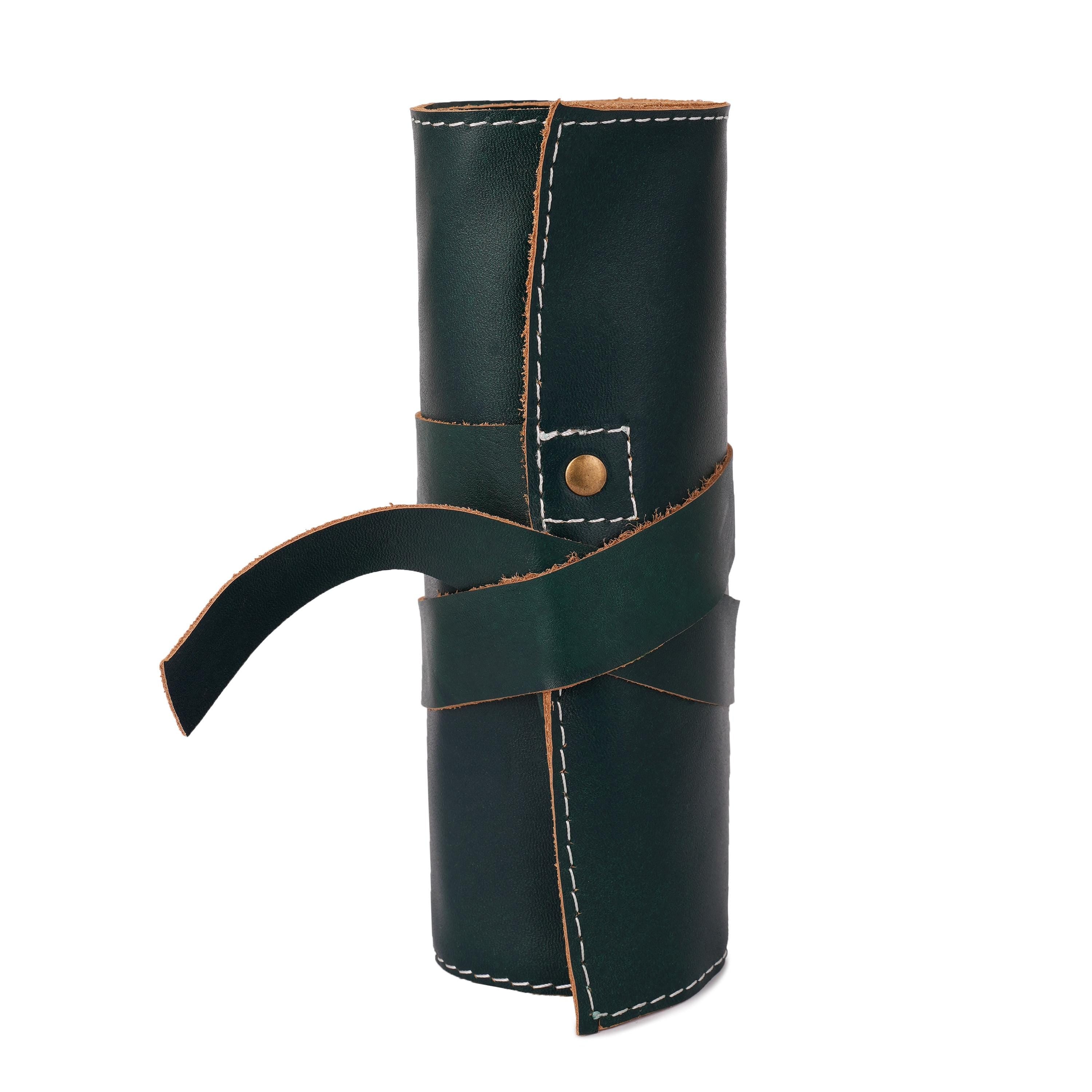 Handmade Full Grain Leather Watch Roll: Green Travel Organizer with Pouch
