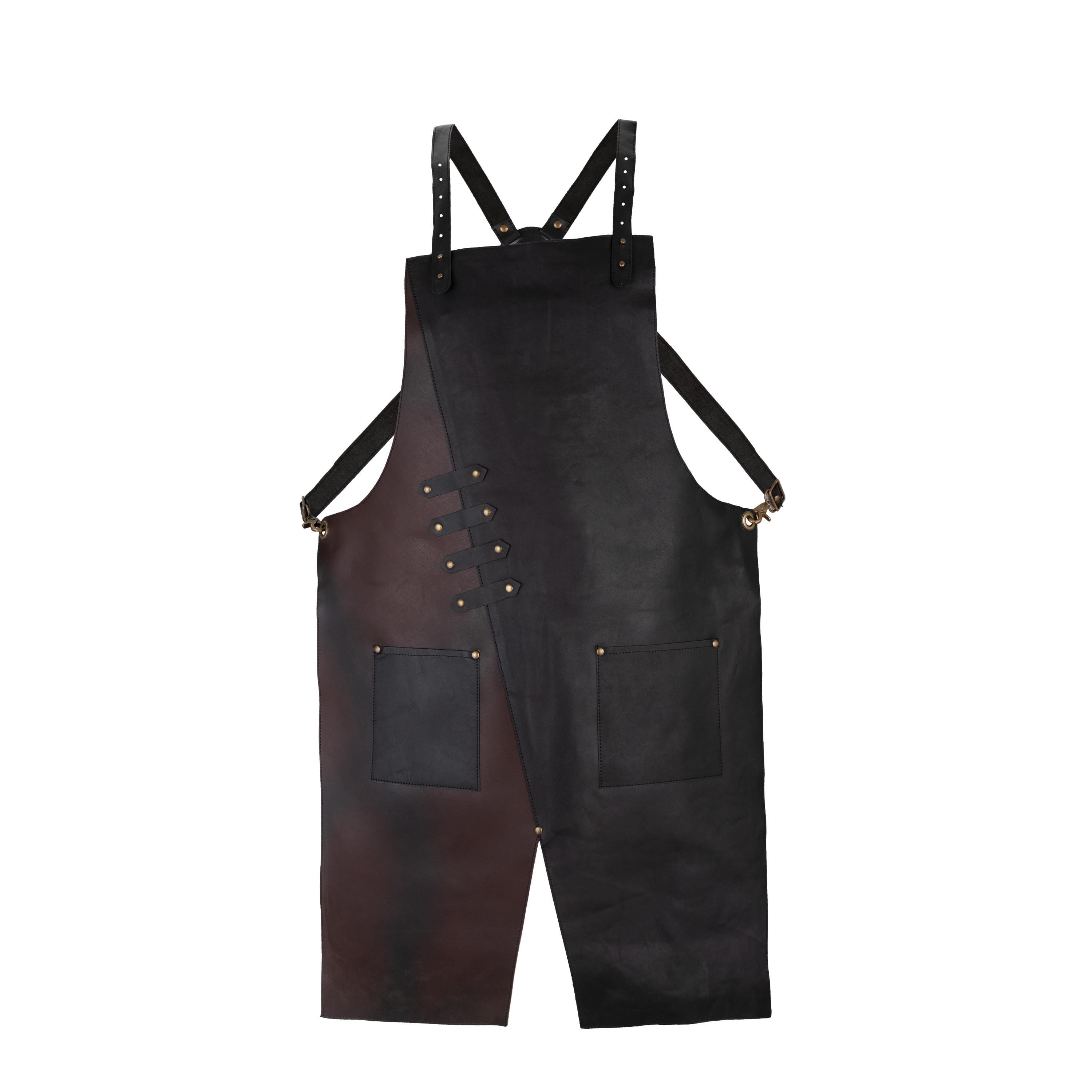 Two-Tone Leather Split Leg Apron: Black & Brown, Adjustable Workwear
