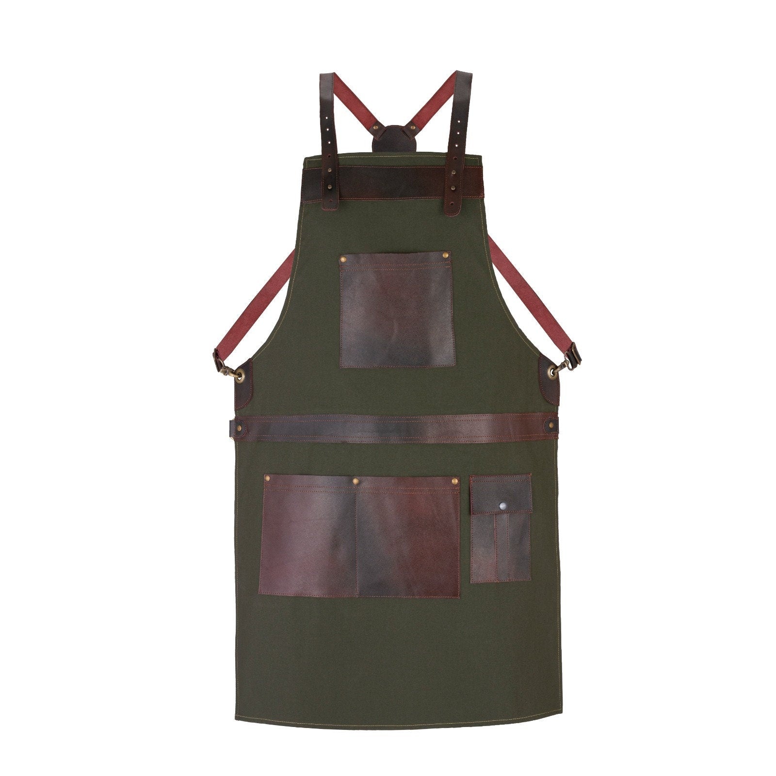 Green Canvas Apron with Leather Pockets: Adjustable Chef Apron