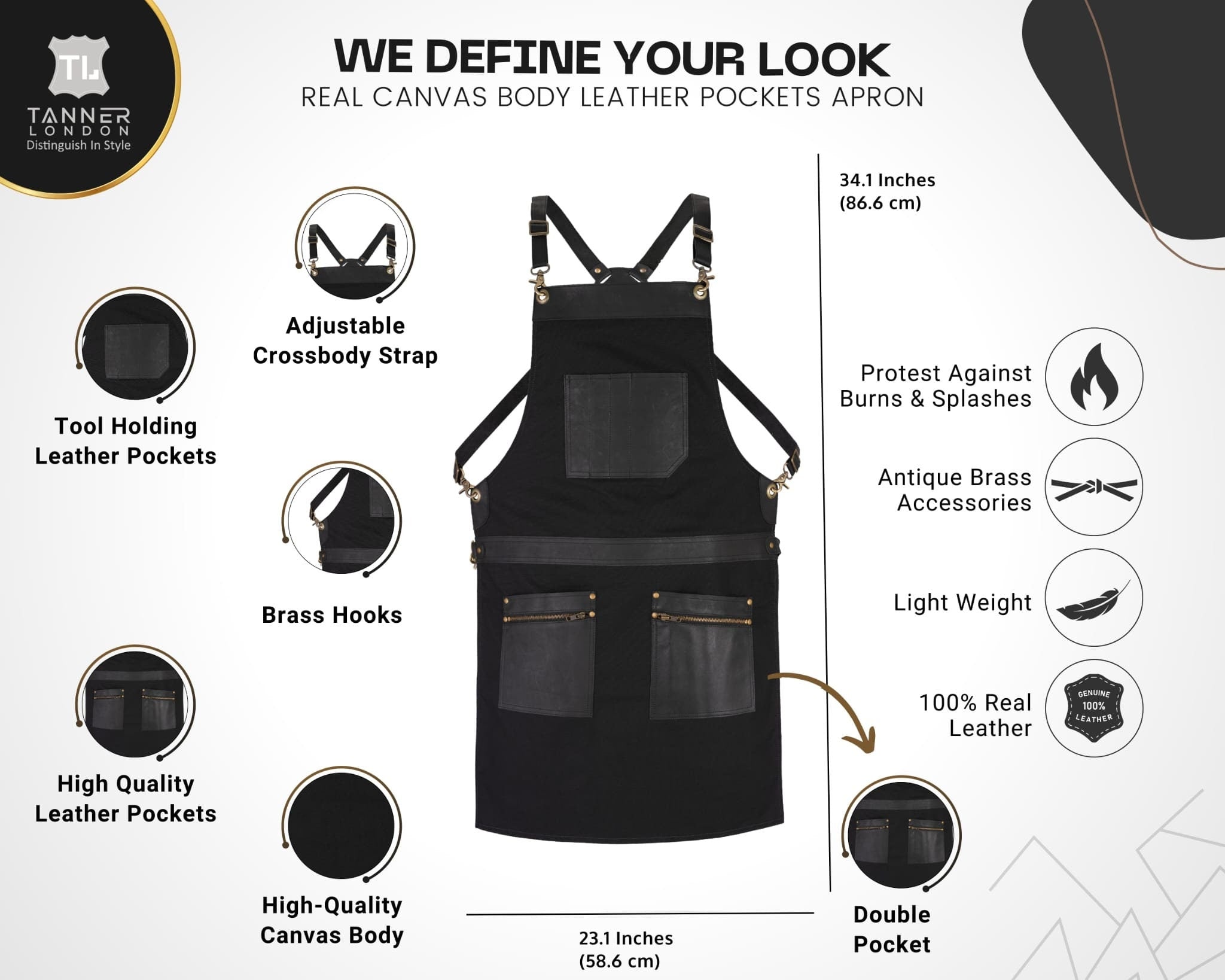 Black Canvas Apron: Leather Pockets, Adjustable Chef Apron