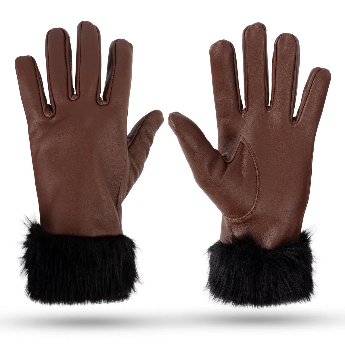 Genuine Leather Gloves, Faux Fur Cuff, Winter Driving Gloves (Black & Brown)